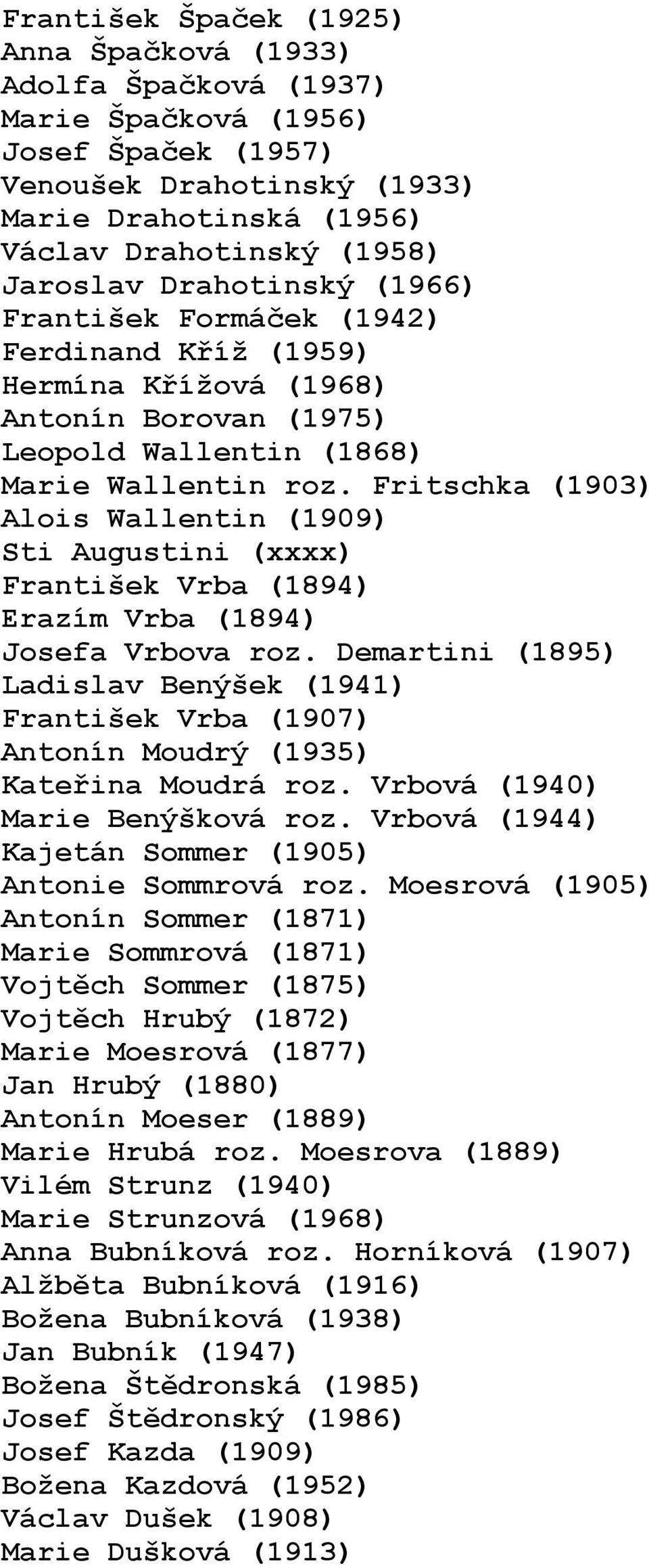 Fritschka (1903) Alois Wallentin (1909) Sti Augustini (xxxx) František Vrba (1894) Erazím Vrba (1894) Josefa Vrbova roz.