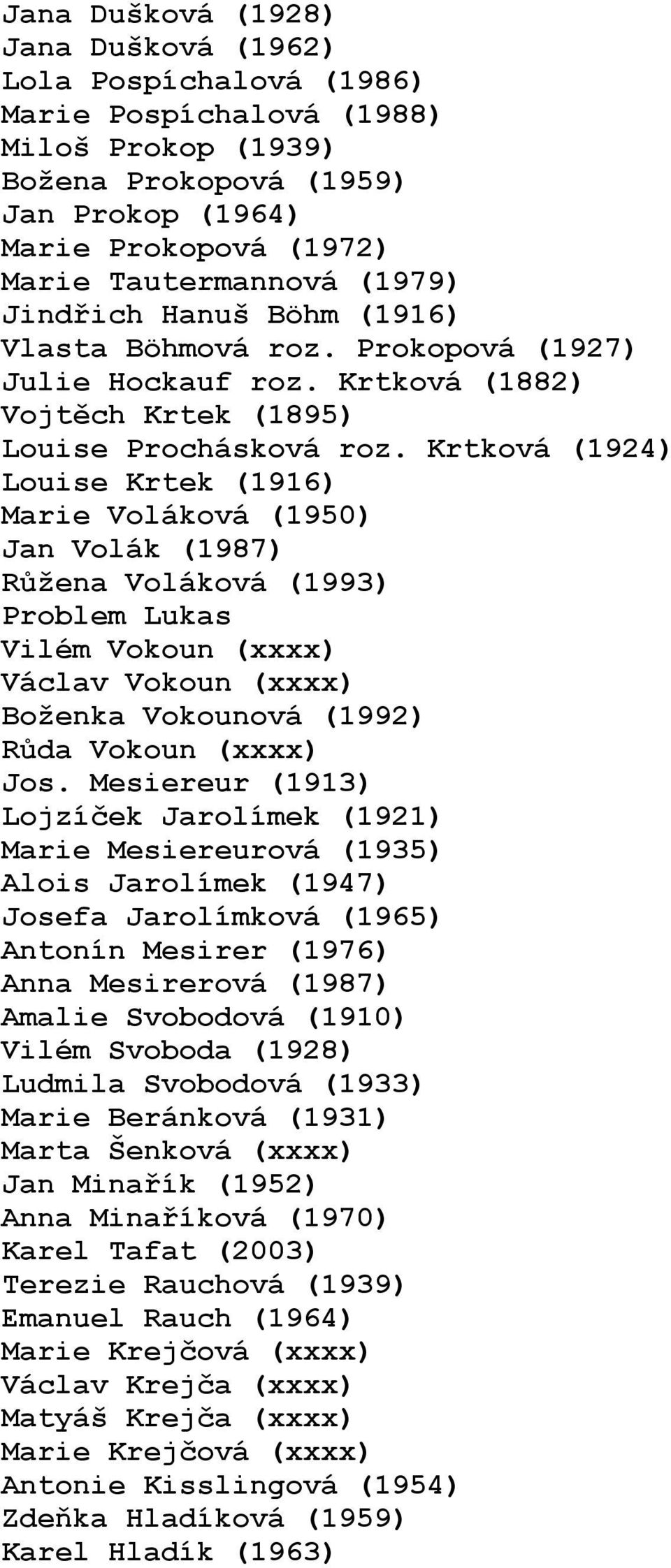 Krtková (1924) Louise Krtek (1916) Marie Voláková (1950) Jan Volák (1987) Růžena Voláková (1993) Problem Lukas Vilém Vokoun (xxxx) Václav Vokoun (xxxx) Boženka Vokounová (1992) Růda Vokoun (xxxx) Jos.