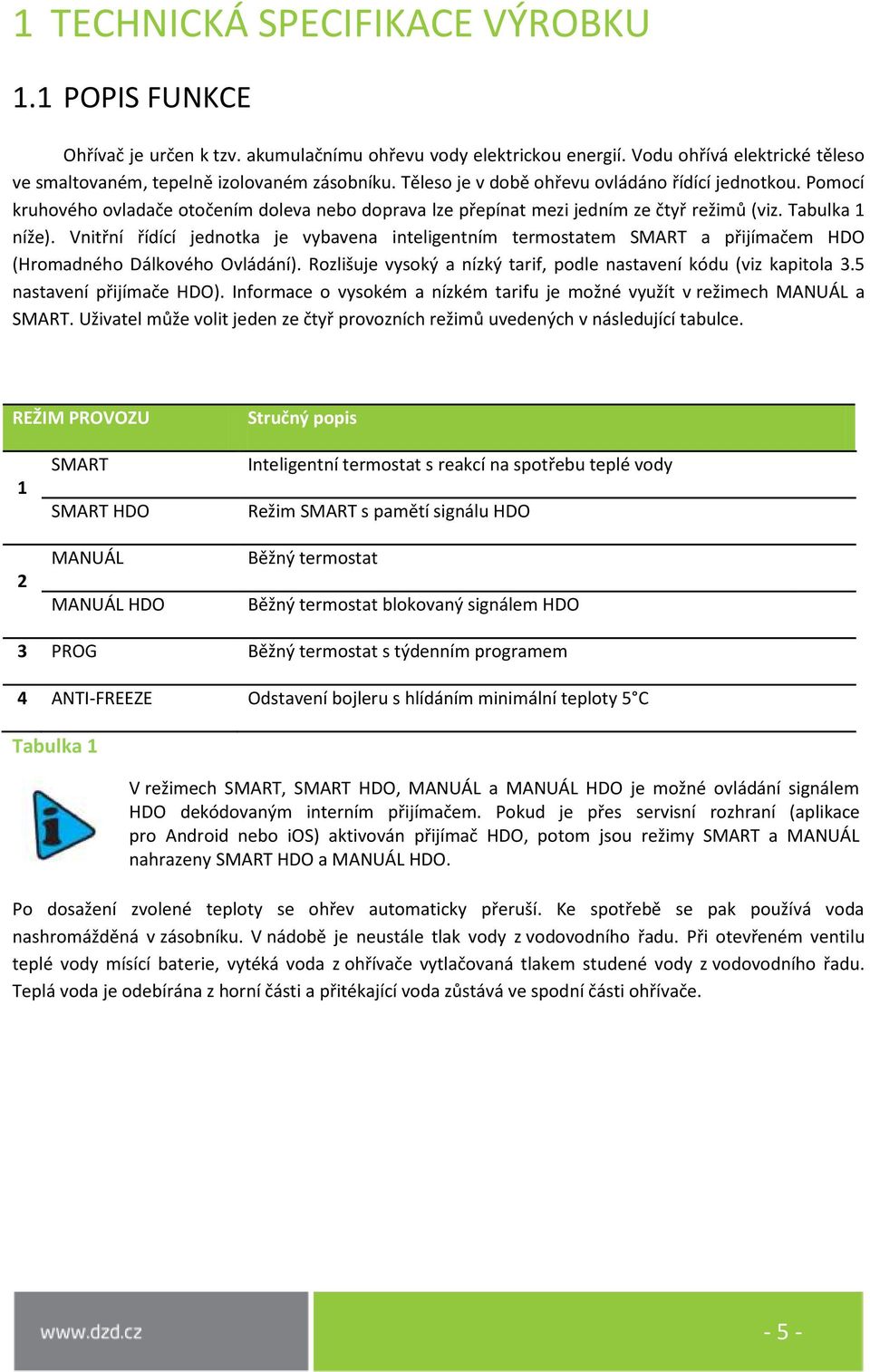Vnitřní řídící jednotka je vybavena inteligentním termostatem SMART a přijímačem HDO (Hromadného Dálkového Ovládání). Rozlišuje vysoký a nízký tarif, podle nastavení kódu (viz kapitola 3.