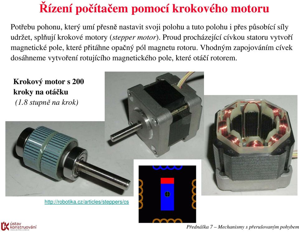 Proud procházející cívkou statoru vytvoří magnetické pole, které přitáhne opačný pól magnetu rotoru.