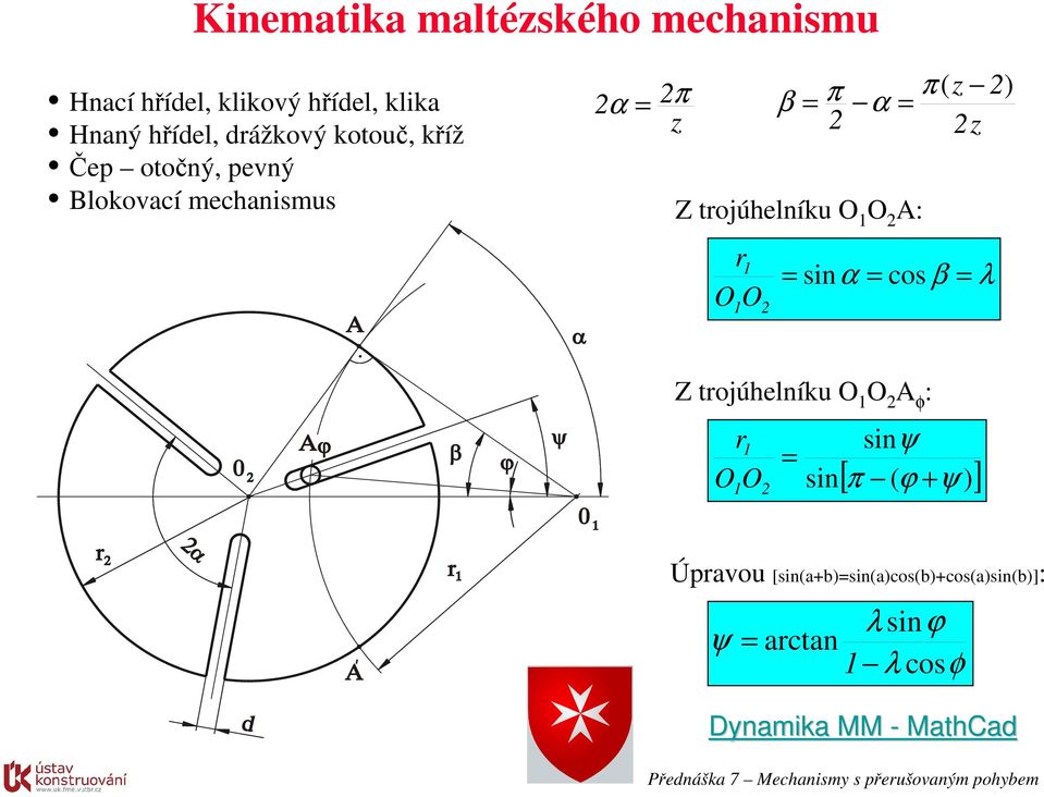 sinα = cos β = λ Z trojúhelníku O 1 O 2 A φ : r1 O O 1 2 = sin sinψ [ π ( ϕ + ψ )] Úpravou