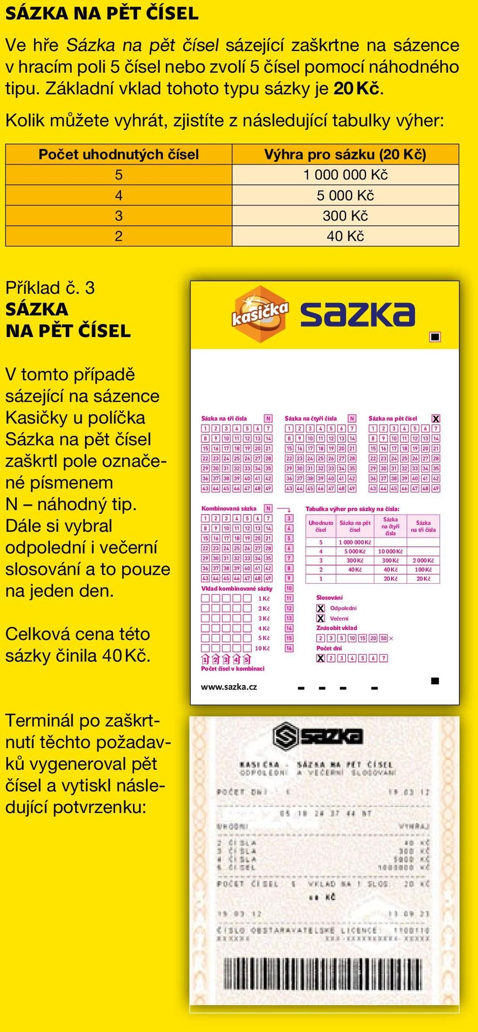 3 SÁZKA NA pět čísel V tomto případě sázející na sázence Kasičky u políčka na pět čísel zaškrtl pole označené písmenem N náhodný tip.