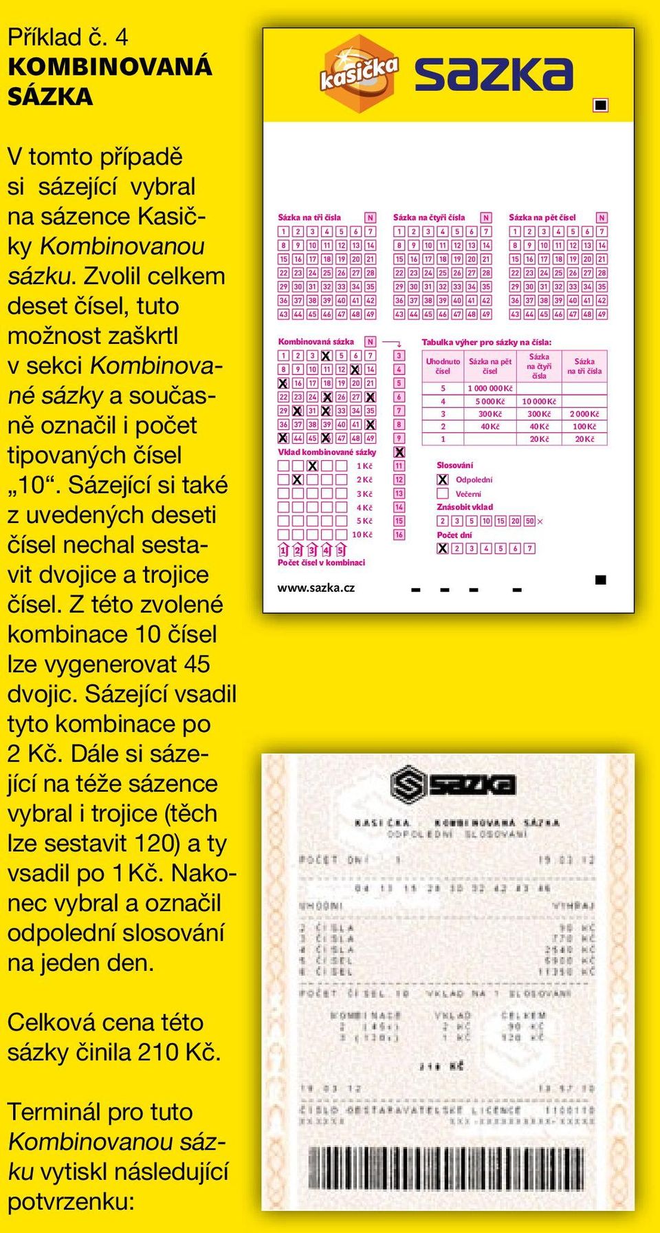 Sázející si také z uvedených deseti čísel nechal sestavit dvojice a trojice čísel. Z této zvolené kombinace 10 čísel lze vygenerovat 45 dvojic. Sázející vsadil tyto kombinace po 2 Kč.