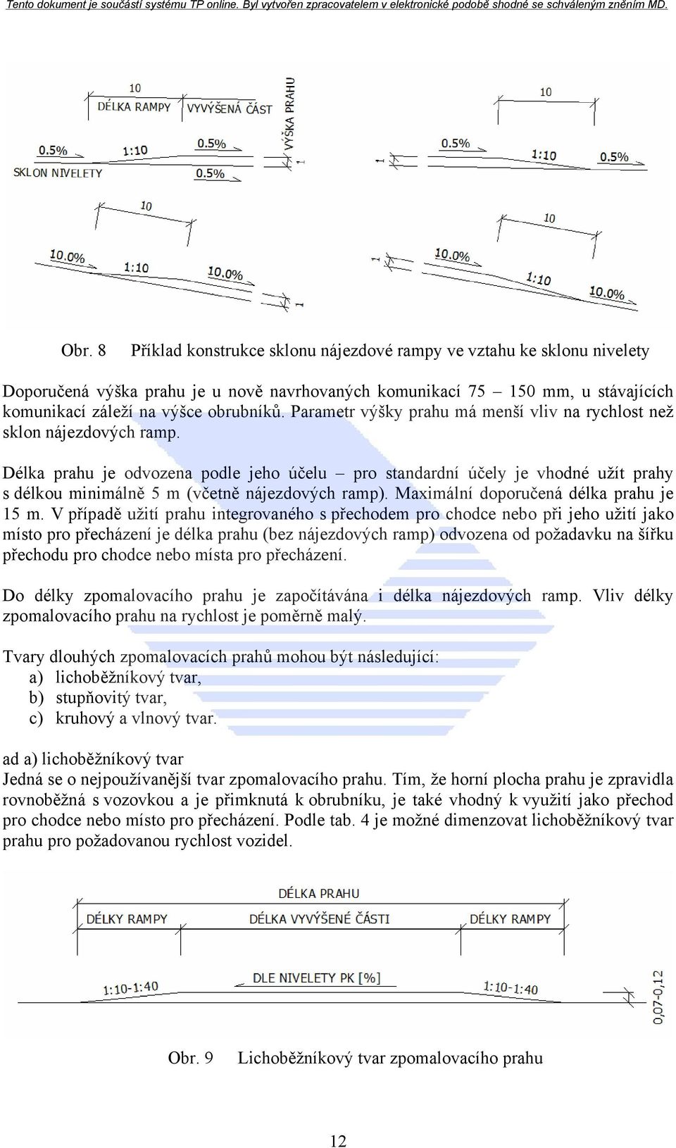 Délka prahu je odvozena podle jeho účelu pro standardní účely je vhodné užít prahy s délkou minimálně 5 m (včetně nájezdových ramp). Maximální doporučená délka prahu je 15 m.