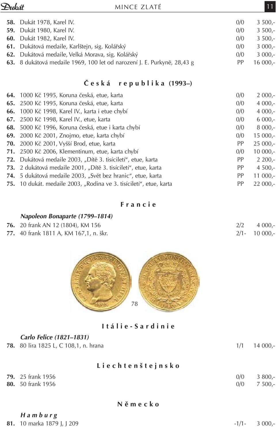 1000 Kč 1995, Koruna česká, etue, karta 0/0 2 000,- 65. 2500 Kč 1995, Koruna česká, etue, karta 0/0 4 000,- 66. 1000 Kč 1998, Karel IV., karta i etue chybí 0/0 4 000,- 67. 2500 Kč 1998, Karel IV.