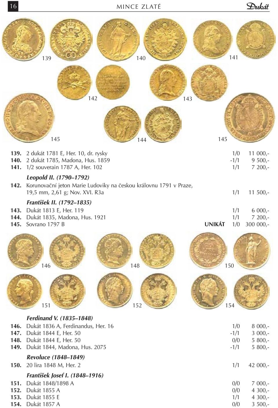 Dukát 1813 E, Her. 119 1/1 6 000,- 144. Dukát 1835, Madona, Hus. 1921 1/1 7 200,- 145. Sovrano 1797 B UNIKÁT 1/0 300 000,- 146 148 150 151 152 154 Ferdinand V. (1835 1848) 146.