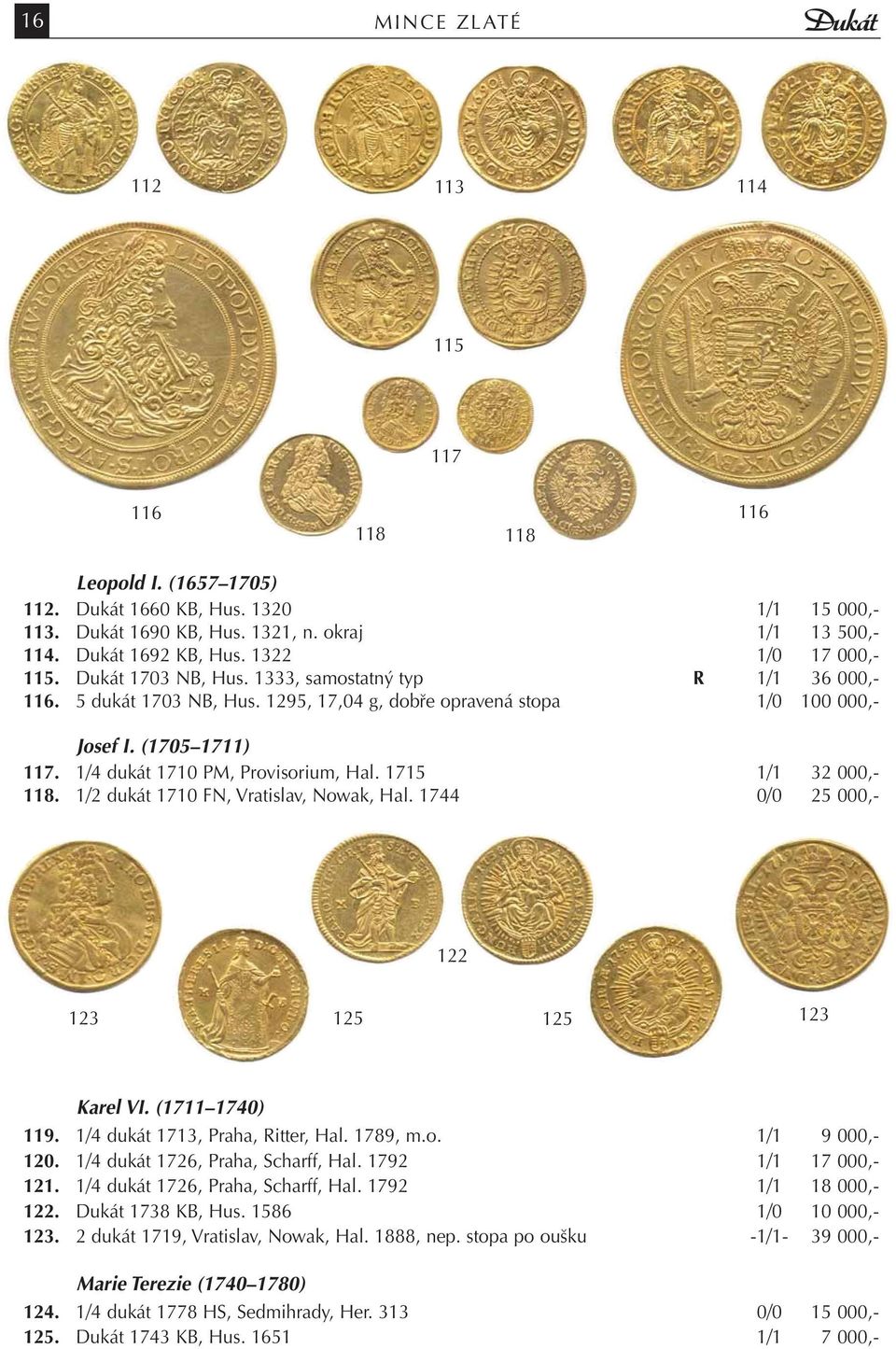 1/4 dukát 1710 PM, Provisorium, Hal. 1715 1/1 32 000,- 118. 1/2 dukát 1710 FN, Vratislav, Nowak, Hal. 1744 0/0 25 000,- 122 123 123 125 125 Karel VI. (1711 1740) 119.