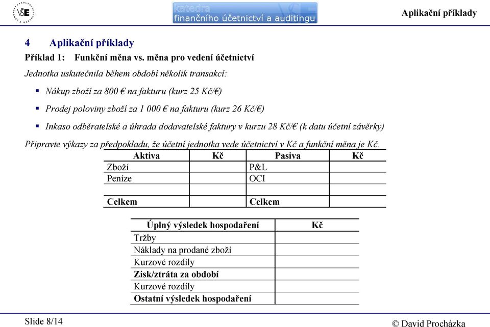 1 000 na fakturu (kurz 26 Kč/ ) Inkaso odběratelské a úhrada dodavatelské faktury v kurzu 28 Kč/ (k datu účetní závěrky) Připravte výkazy za