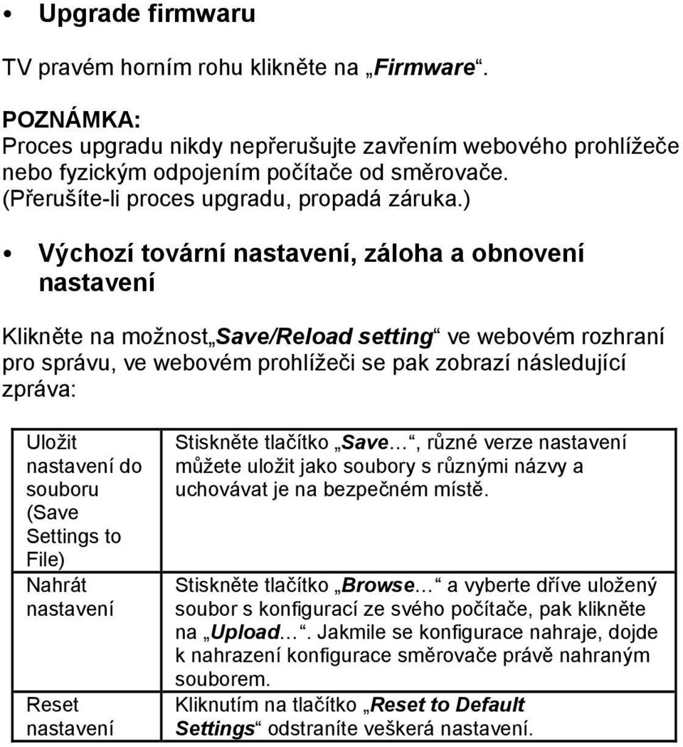 ) Výchozí tovární nastavení, záloha a obnovení nastavení Klikněte na možnost Save/Reload setting ve webovém rozhraní pro správu, ve webovém prohlížeči se pak zobrazí následující zpráva: Uložit