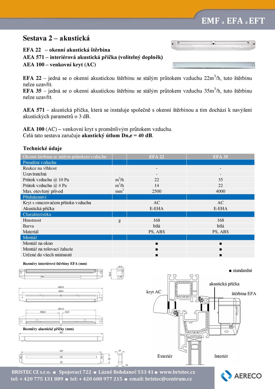 AEA 571 akustická příčka, která se instaluje společně s okenní štěrbinou a tím dochází k navýšení akustických parametrů o 3 db. Celá tato sestava zaručuje akustický útlum Dn,e = 40 db.
