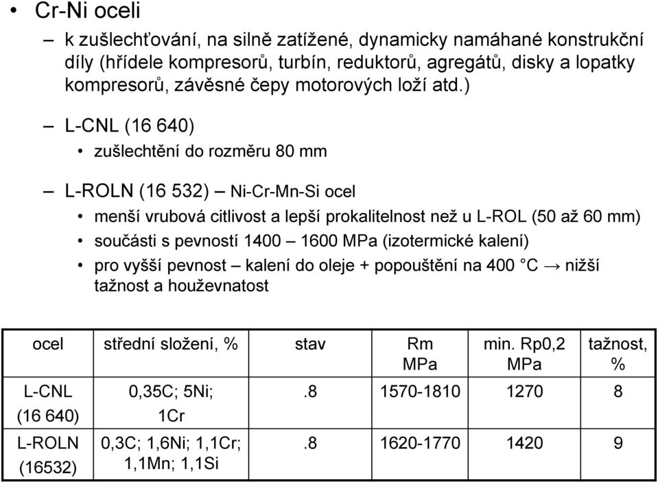 ) L-CNL (16 640) zušlechtění do rozměru 80 mm L-ROLN (16 532) Ni-Cr-Mn-Si ocel menší vrubová citlivost a lepší prokalitelnost než u L-ROL (50 až 60 mm) součásti s