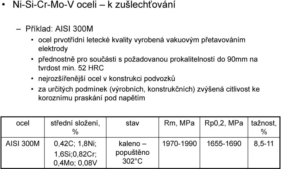 52 HRC nejrozšířenější ocel v konstrukci podvozků za určitých podmínek (výrobních, konstrukčních) zvýšená citlivost ke koroznímu