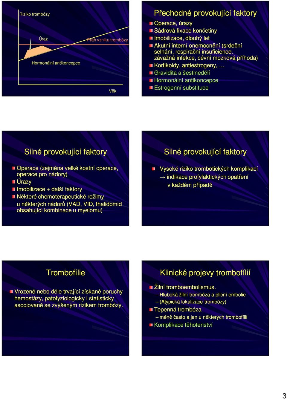 faktory Některé chemoterapeutické režimy u některých nádorů (VAD, VID, thalidomid obsahující kombinace u myelomu) Silné provokující faktory Vysoké riziko trombotických komplikací indikace