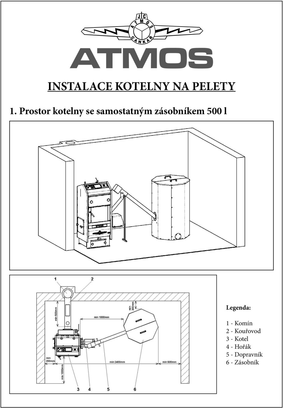 zásobníkem 500 l Legenda: 1 - Komín 2 -