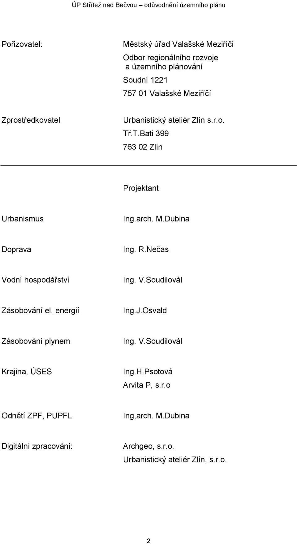 Nečas Vodní hospodářství Ing. V.Soudilovál Zásobování el. energií Ing.J.Osvald Zásobování plynem Ing. V.Soudilovál Krajina, ÚSES Ing.