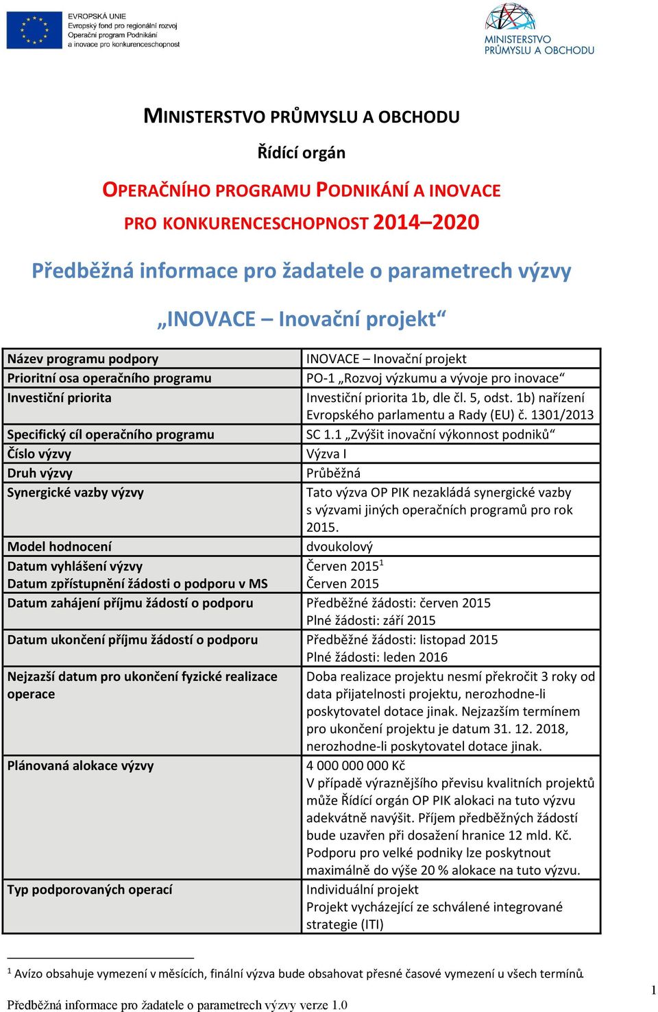 výzkumu a vývoje pro inovace Investiční priorita 1b, dle čl. 5, odst. 1b) nařízení Evropského parlamentu a Rady (EU) č. 1301/2013 SC 1.