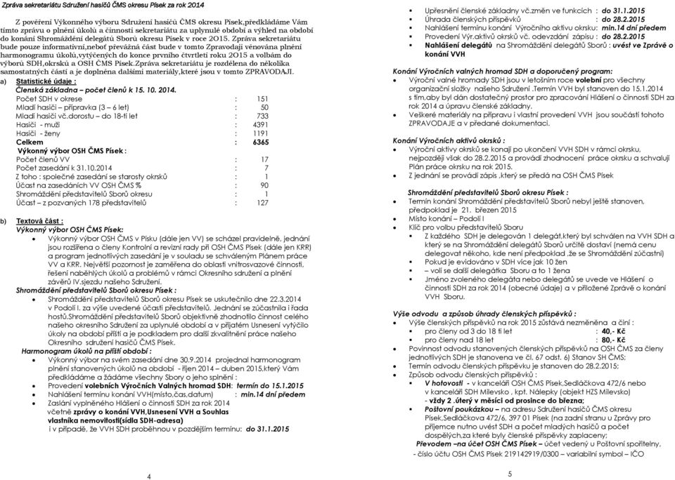 Zpráva sekretariátu bude pouze informativní,neboť převážná část bude v tomto Zpravodaji věnována plnění harmonogramu úkolů,vytýčených do konce prvního čtvrtletí roku 2O15 a volbám do výborů