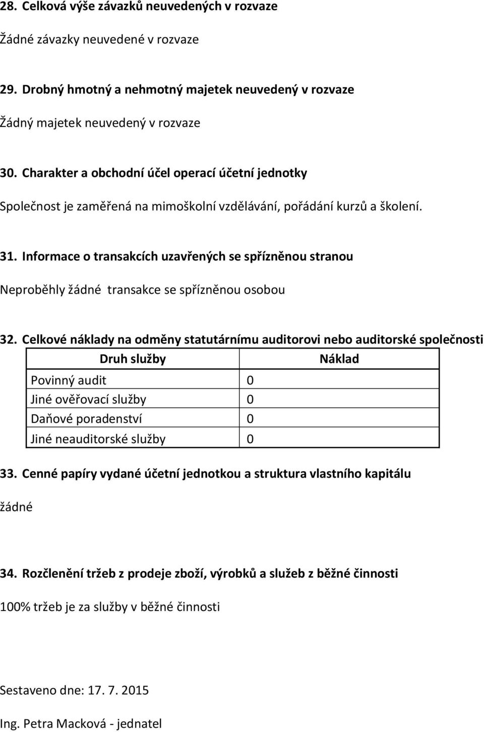 Informace o transakcích uzavřených se spřízněnou stranou Neproběhly žádné transakce se spřízněnou osobou 32.