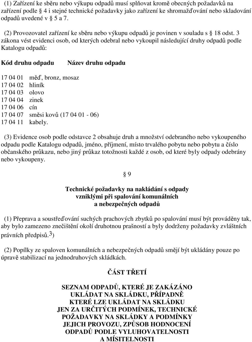 3 zákona vést evidenci osob, od kterých odebral nebo vykoupil následující druhy odpadů podle Katalogu odpadů: Kód druhu odpadu Název druhu odpadu 17 04 01 měď, bronz, mosaz 17 04 02 hliník 17 04 03