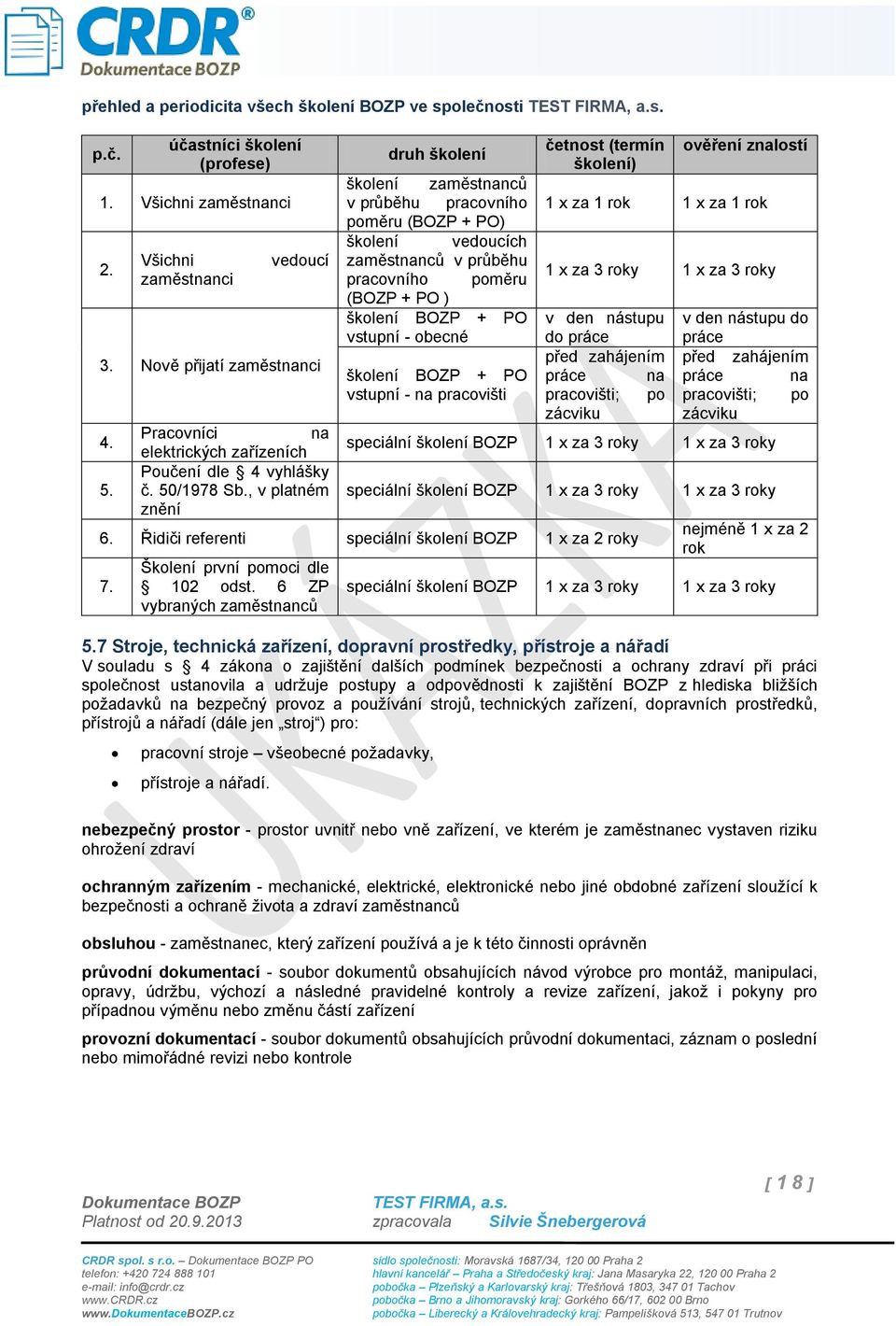 , v platném znění druh školení školení zaměstnanců v průběhu pracovního poměru (BOZP + PO) školení vedoucích zaměstnanců v průběhu pracovního poměru (BOZP + PO ) školení BOZP + PO vstupní - obecné