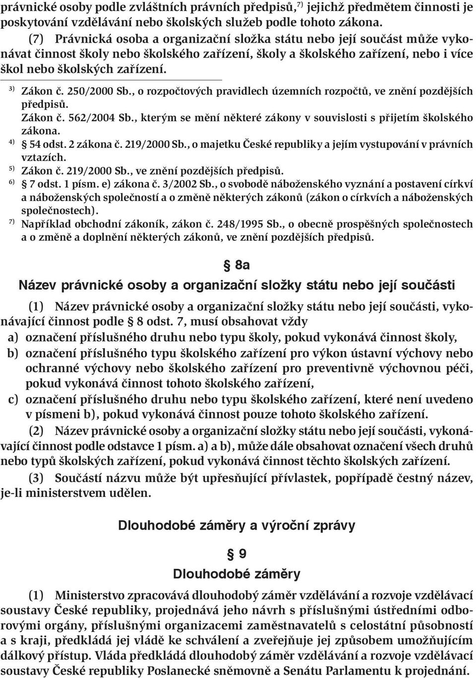 250/2000 Sb., o rozpočtových pravidlech územních rozpočtů, ve znění pozdějších předpisů. Zákon č. 562/2004 Sb., kterým se mění některé zákony v souvislosti s přijetím školského zákona. 4) 54 odst.