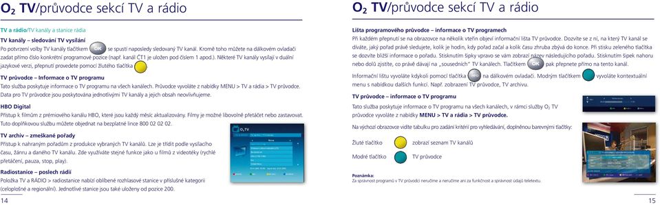 Některé TV kanály vysílají v duální jazykové verzi, přepnutí provedete pomocí žlutého tlačítka. TV průvodce Informace o TV programu Tato služba poskytuje informace o TV programu na všech kanálech.