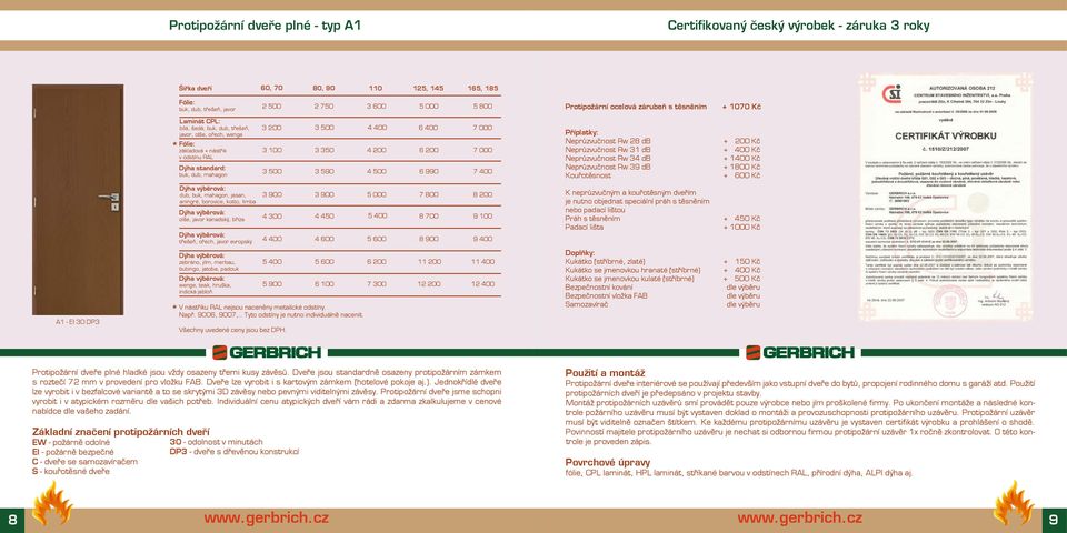 590 4 200 4 500 6 400 6 200 6 990 7 000 7 000 7 400 Příplatky: Neprůzvučnost Rw 28 db Neprůzvučnost Rw 31 db Neprůzvučnost Rw 34 db Neprůzvučnost Rw 39 db Kouřotěsnost + 200 Kč + 400 Kč + 1400 Kč +