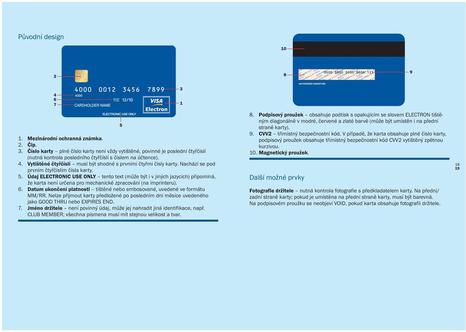 Údaj ELECTRONIC USE ONLY tento text (může být i v jiných jazycích) připomíná, že karta není určena pro mechanické zpracování (na imprinteru). 6.