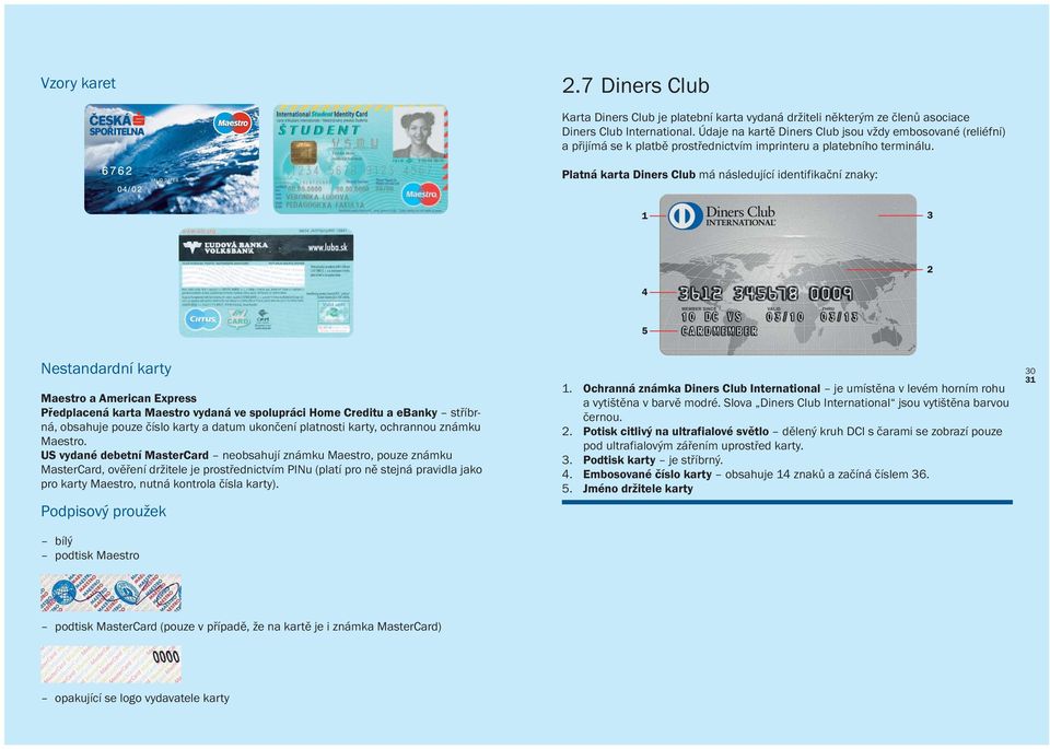 Platná karta Diners Club má následující identifikační znaky: 1 3 2 4 5 Nestandardní karty Maestro a American Express Předplacená karta Maestro vydaná ve spolupráci Home Creditu a ebanky stříbrná,