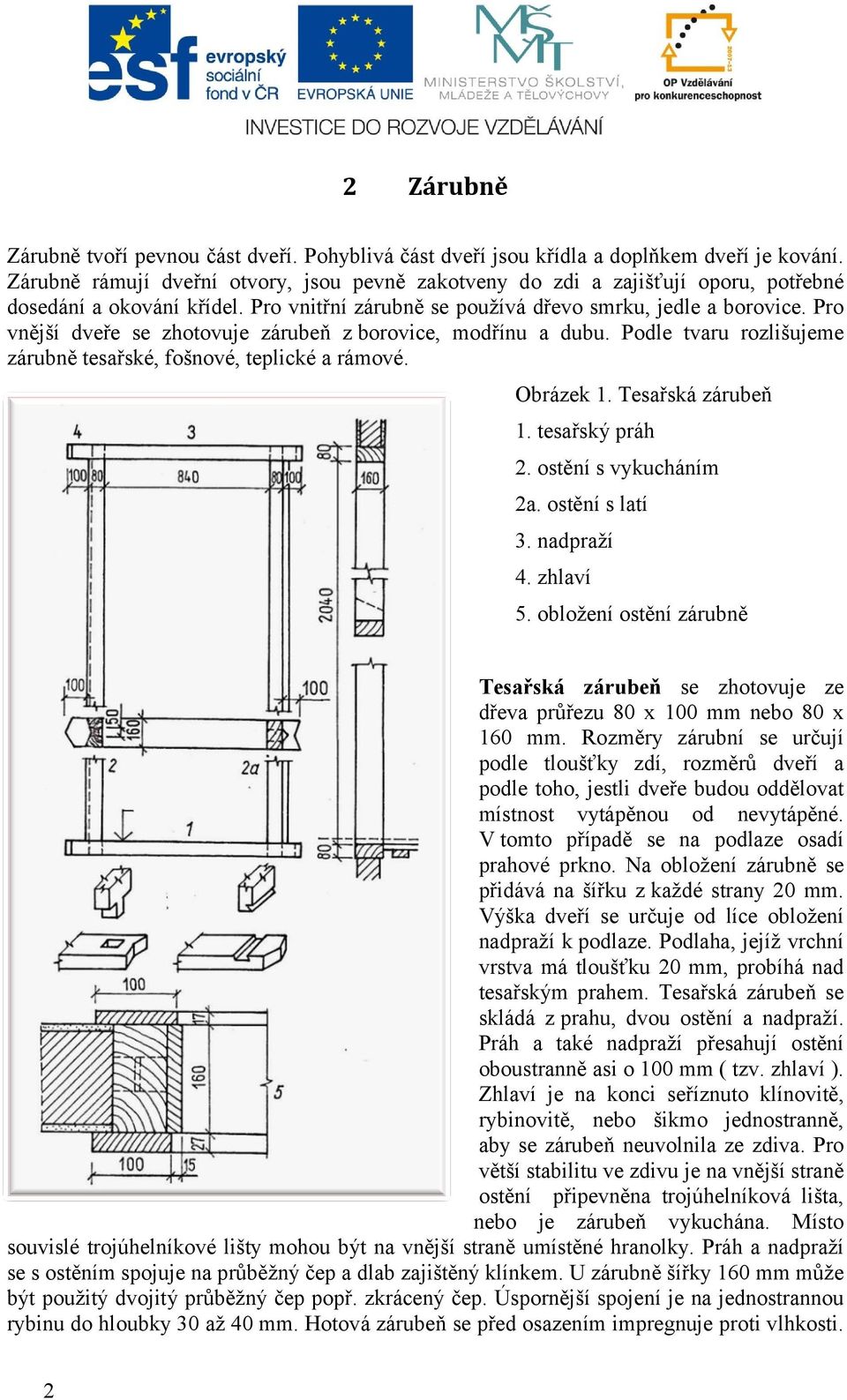 Pro vnější dveře se zhotovuje zárubeň z borovice, modřínu a dubu. Podle tvaru rozlišujeme zárubně tesařské, fošnové, teplické a rámové. Obrázek 1. Tesařská zárubeň 1. tesařský práh 2.