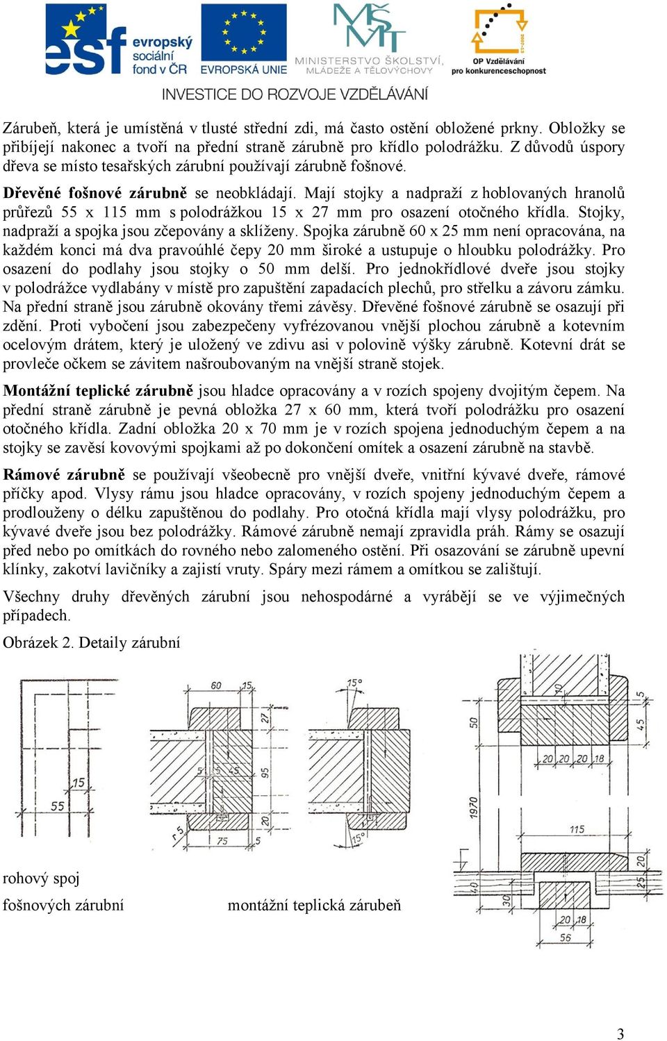 Mají stojky a nadpraží z hoblovaných hranolů průřezů 55 x 115 mm s polodrážkou 15 x 27 mm pro osazení otočného křídla. Stojky, nadpraží a spojka jsou zčepovány a sklíženy.