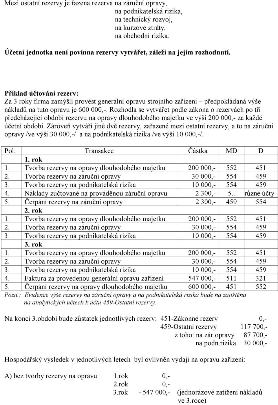 Příklad účtování rezerv: Za 3 roky firma zamýšlí provést generální opravu strojního zařízení předpokládaná výše nákladů na tuto opravu je 600 000,-.