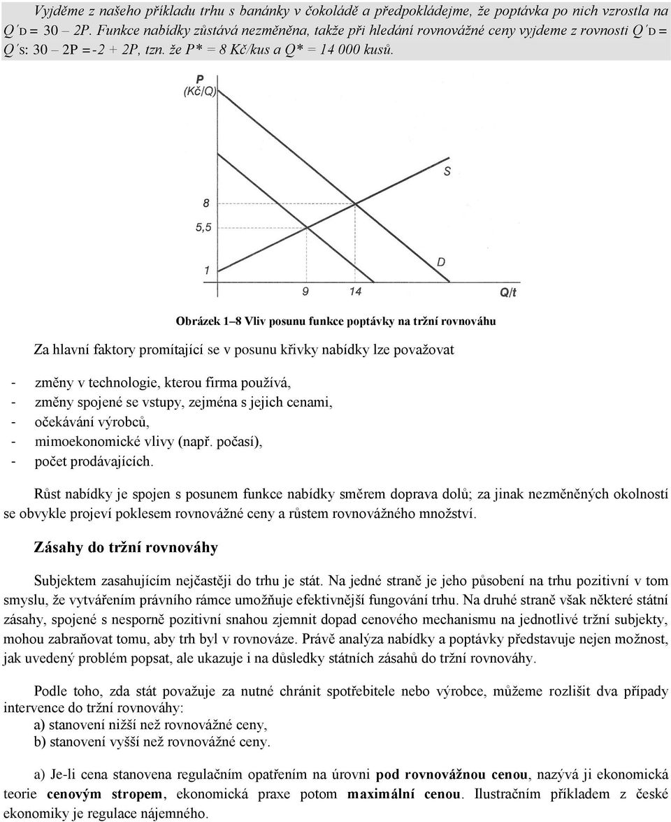 Obrázek 1 8 Vliv posunu funkce poptávky na tržní rovnováhu Za hlavní faktory promítající se v posunu křivky nabídky lze považovat - změny v technologie, kterou firma používá, - změny spojené se