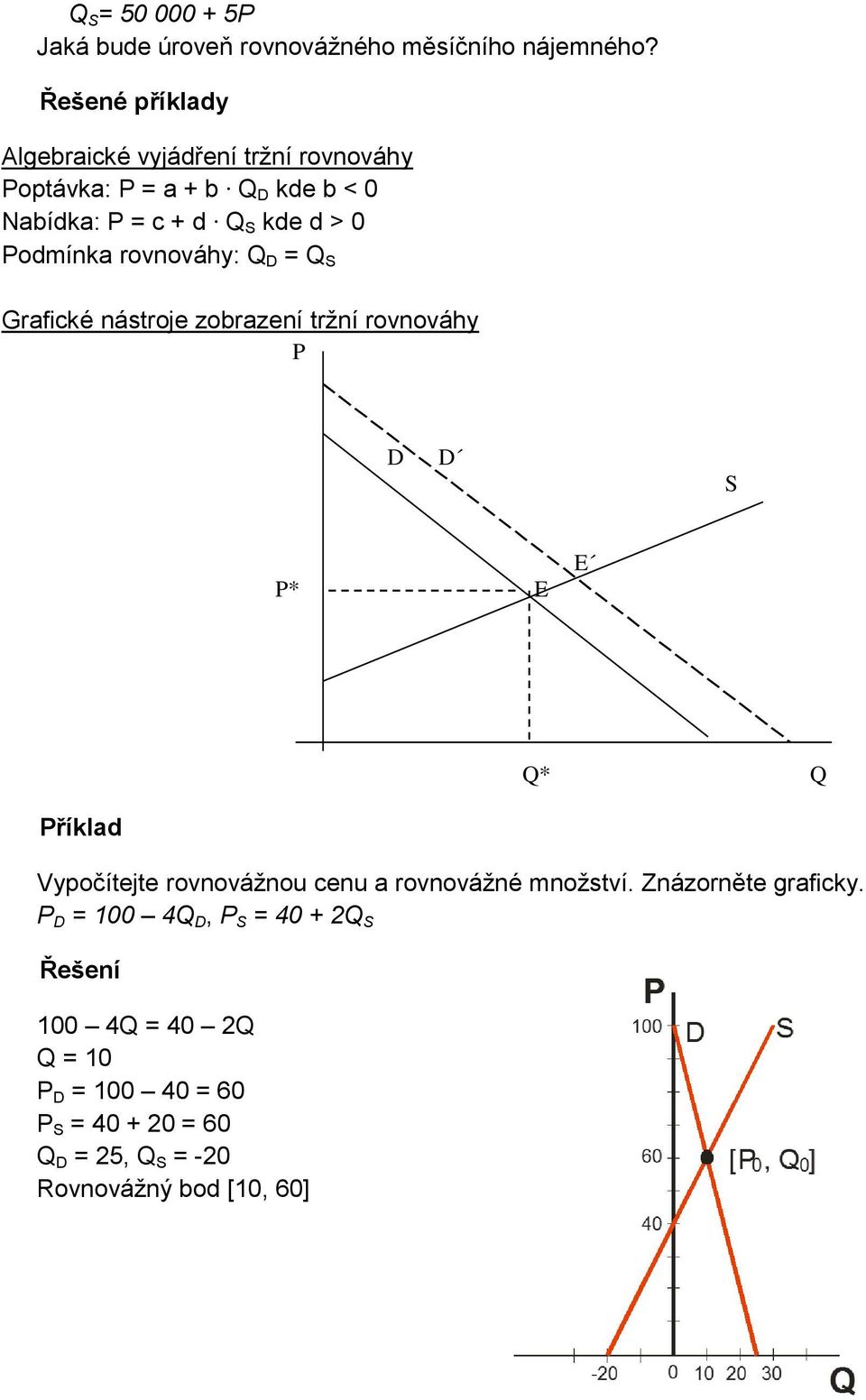 Podmínka rovnováhy: Q D = Q S Grafické nástroje zobrazení tržní rovnováhy P D D S P* E E Q* Q Příklad Vypočítejte rovnovážnou