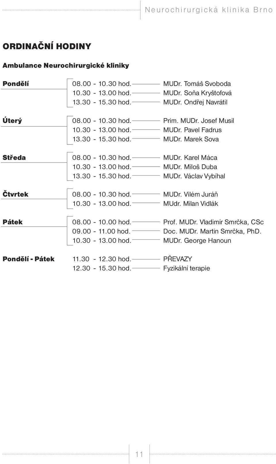 30-15.30 hod. MUDr. Václav Vybíhal Čtvrtek 08.00-10.30 hod. MUDr. Vilém Juráň 10.30-13.00 hod. MUdr. Milan Vidlák Pátek 08.00-10.00 hod. Prof. MUDr. Vladimír Smrčka, CSc 09.