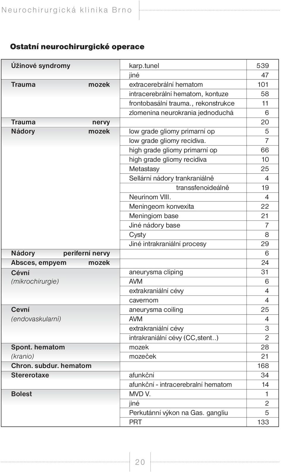 7 high grade gliomy primarní op 66 high grade gliomy recidiva 10 Metastasy 25 Sellární nádory trankraniálně 4 transsfenoideálně 19 Neurinom VIII.