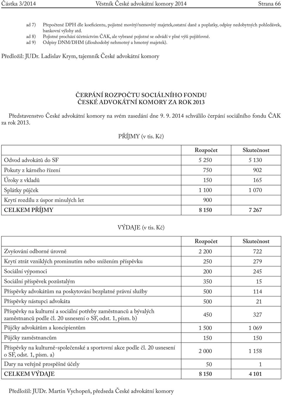 Ladislav Krym, tajemník České ní komory ČERPÁNÍ ROZPOČTU SOCIÁLNÍHO FONDU ČESKÉ ADVOKÁTNÍ KOMORY ZA ROK 2013 Představenstvo České ní komory na svém zasedání dne 9.