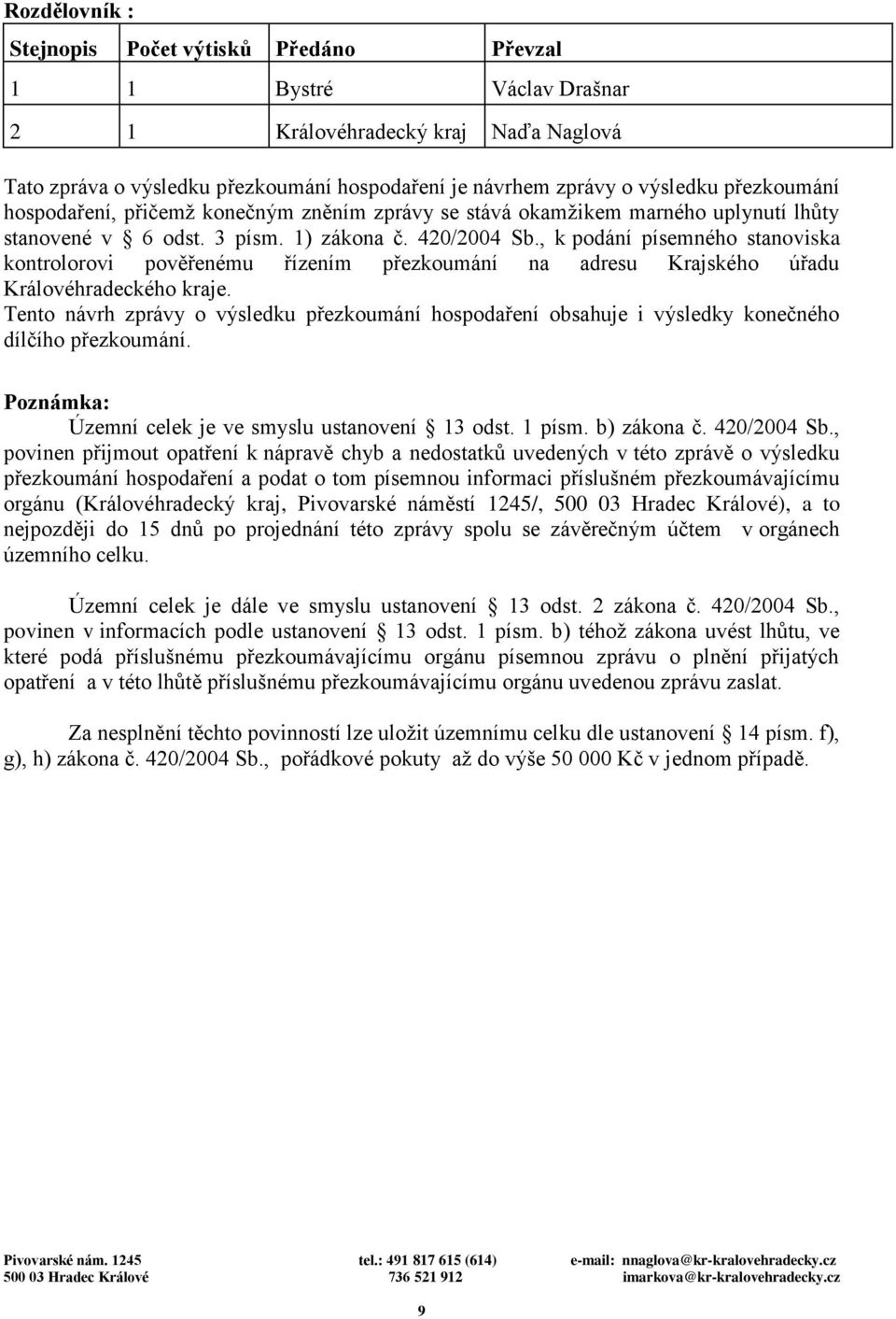 , k podání písemného stanoviska kontrolorovi pověřenému řízením přezkoumání na adresu Krajského úřadu Královéhradeckého kraje.