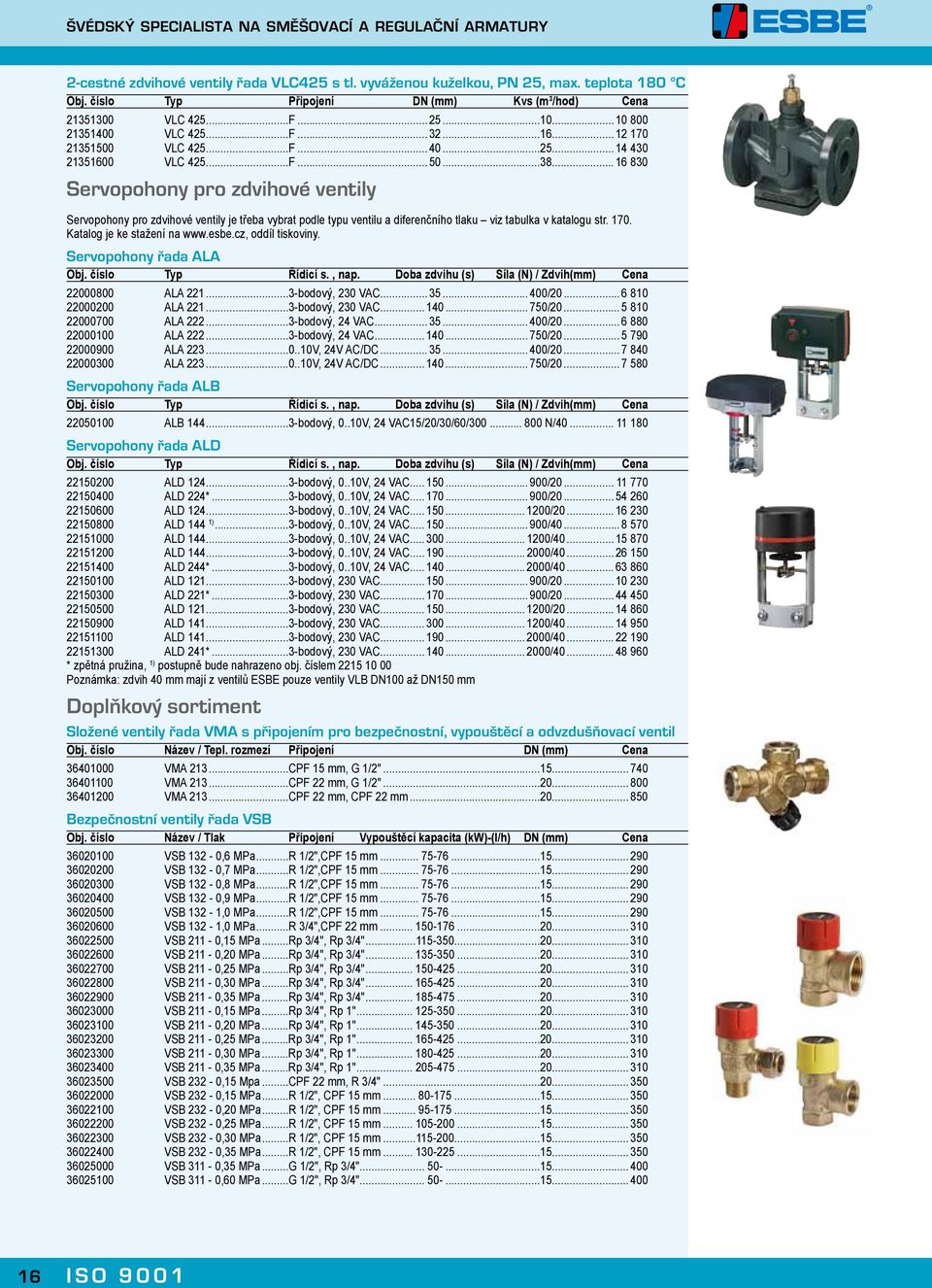 .. 16 830 Servopohony pro zdvihové ventily Servopohony pro zdvihové ventily je třeba vybrat podle typu ventilu a diferenčního tlaku viz tabulka v katalogu str. 170. Katalog je ke stažení na www.esbe.