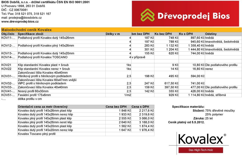 KOV12- Podlahový profil Kovalex plný 145x26mm 4 283 Kč 1 132 Kč 1 358,40 Kč hnědá 4 301 Kč 1 204 Kč 1 444,80 Kč tmavohnědá, šedohnědá KOV13- Podlahový profil Kovalex dutý 145x20mm 4 155 Kč 620 Kč