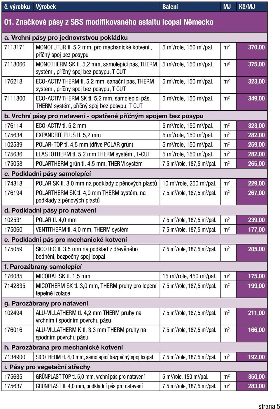m 2 375,00 systém, příčný spoj bez posypu, T CUT 176218 ECO-ACTIV THERM tl. 5,2 mm, sanační pás, THERM 5 m 2 /role, 150 m 2 /pal.