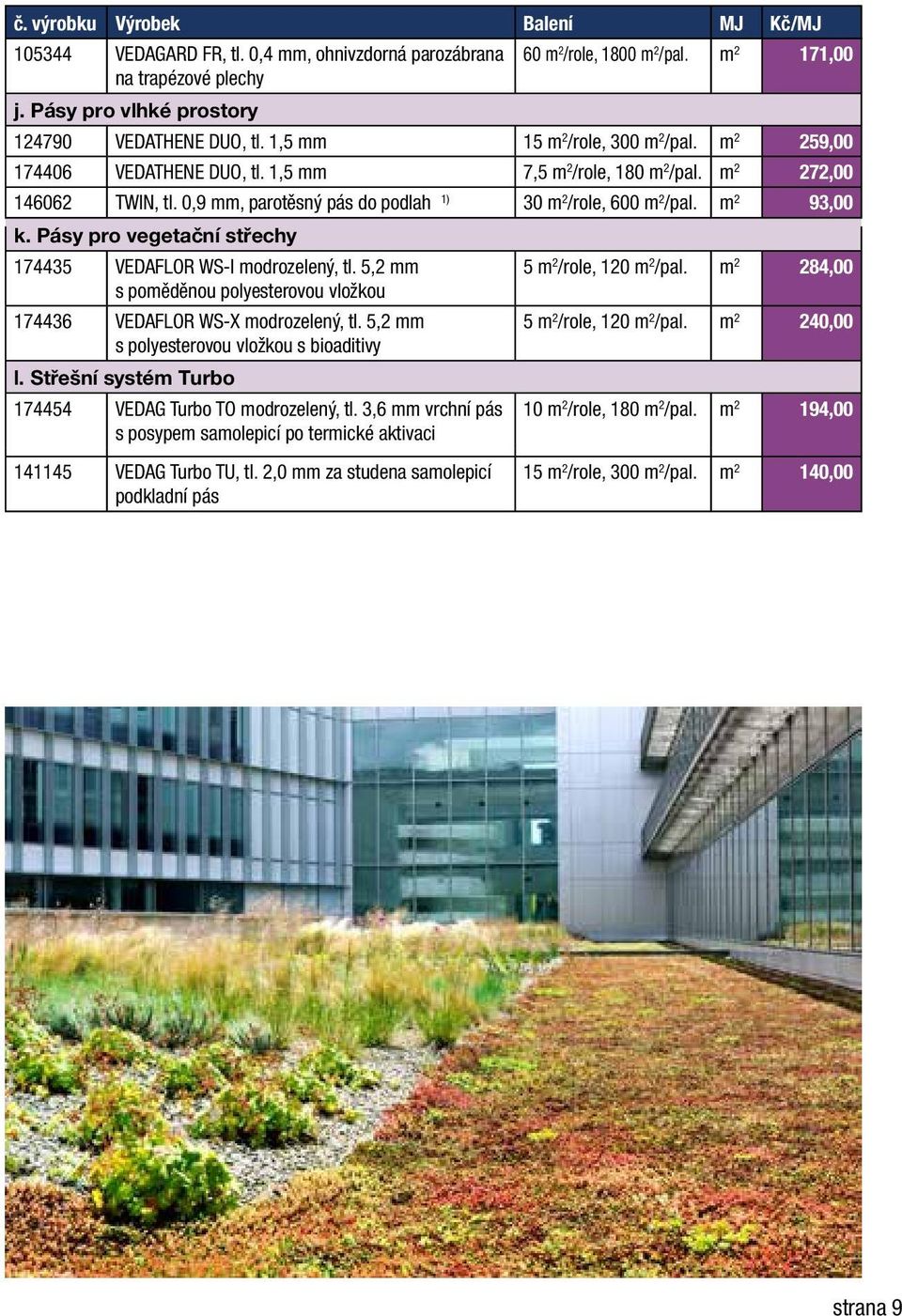 0,9 mm, parotěsný pás do podlah 1) 30 m 2 /role, 600 m 2 /pal. m 2 93,00 k. Pásy pro vegetační střechy 174435 VEDAFLOR WS-I modrozelený, tl. 5,2 mm 5 m 2 /role, 120 m 2 /pal.