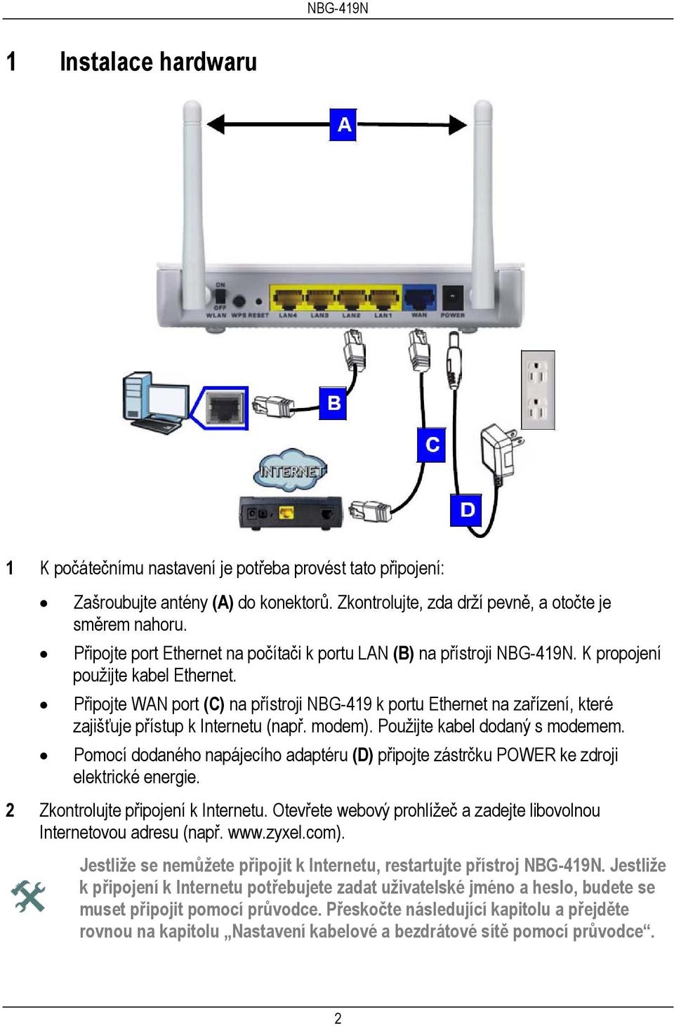 Připojte WAN port (C) na přístroji NBG-419 k portu Ethernet na zařízení, které zajišťuje přístup k Internetu (např. modem). Použijte kabel dodaný s modemem.