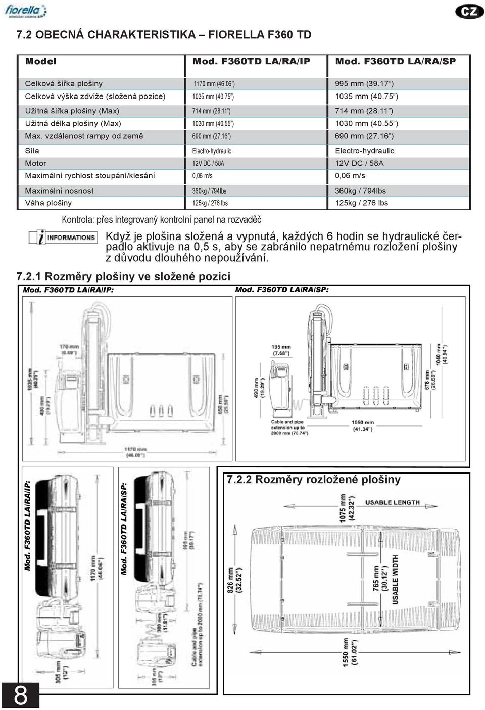 75 ) 1035 mm (40.75 ) Overall lift height (stowed position) 1035 mm (40.75 ) 1035 mm (40.75 ) Usable Užitná šířka platform plošiny width (Max) (max) 714 mm (28.11 ) 714 mm (28.