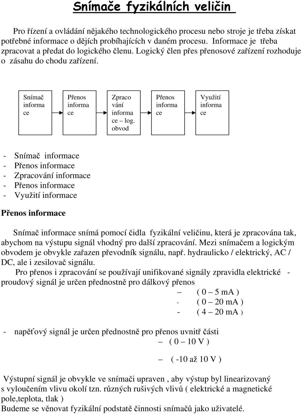 obvod Přenos informa ce Využití informa ce - Snímač informace - Přenos informace - Zpracování informace - Přenos informace - Využití informace Přenos informace Snímač informace snímá pomocí čidla