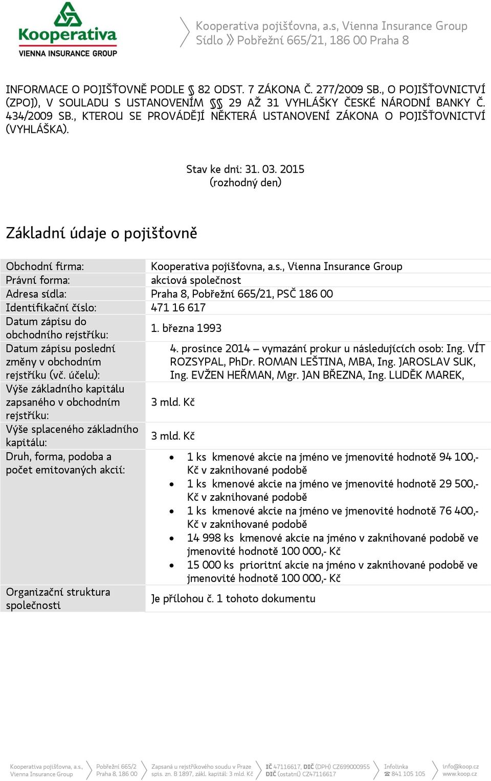 03. 2015 (rozhodný den) Základní údaje o pojišťovně Obchodní firma: Právní forma: akciová společnost Adresa sídla: Praha 8, Pobřežní 665/21, PSČ 186 00 Identifikační číslo: 471 16 617 Datum zápisu do