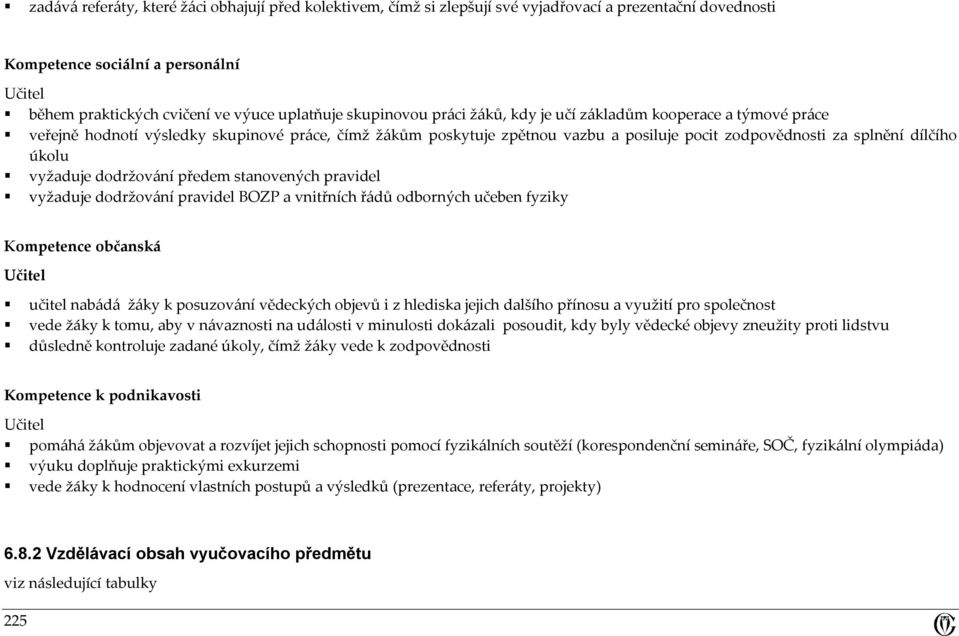 úkolu vyžaduje dodržování předem stanovených pravidel vyžaduje dodržování pravidel BOZP a vnitřních řádů odborných učeben fyziky Kompetence občanská Učitel učitel nabádá žáky k posuzování vědeckých