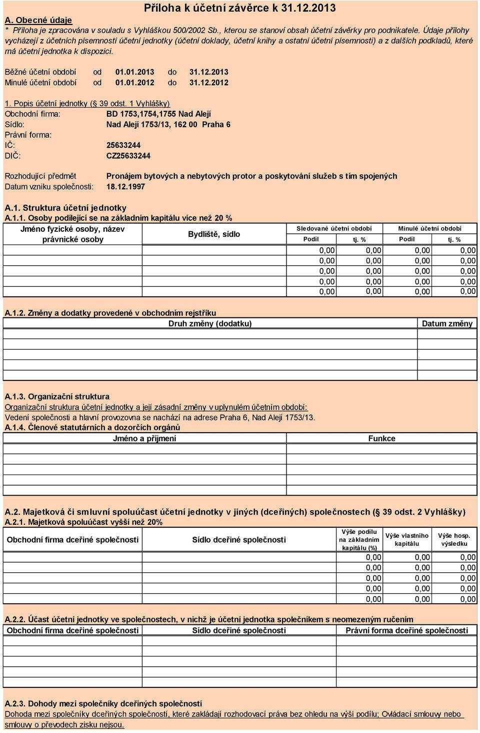 Obecné údaje * Příloha je zpracována v souladu s Vyhláškou 500/2002 Sb., kterou se stanoví obsah účetní závěrky pro podnikatele.