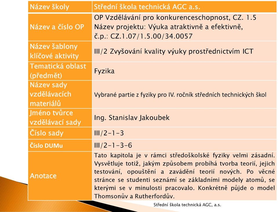 0057 III/ Zvyšování kvality výuky prostřednictvím ICT Fyzika Vybrané partie z fyziky pro IV. ročník středních technických škol Ing.