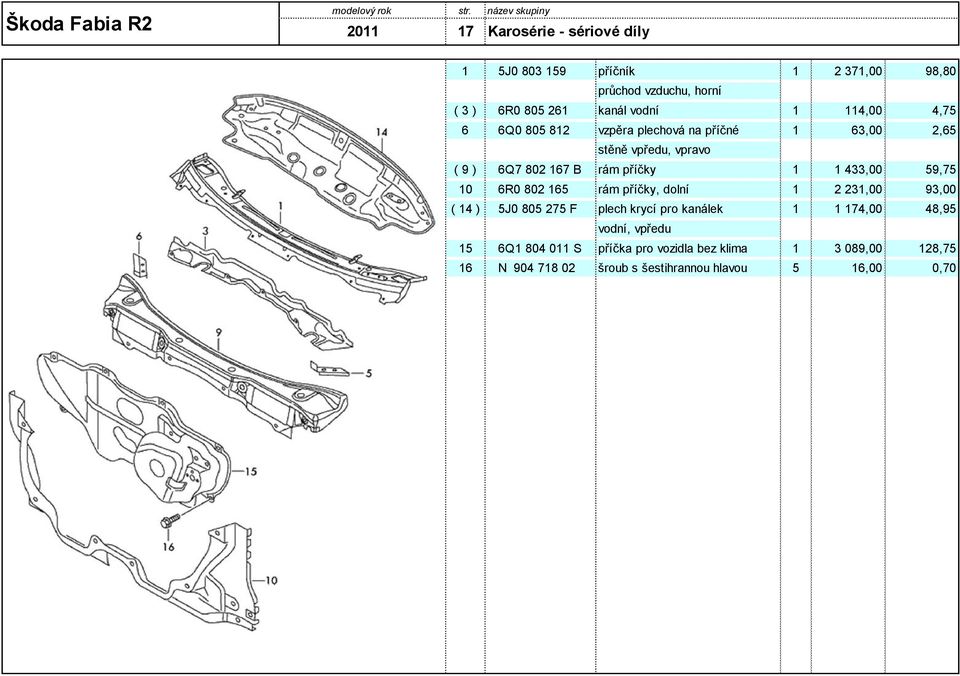 59,75 10 6R0 802 165 rám příčky, dolní 1 2 231,00 93,00 ( 14 ) 5J0 805 275 F plech krycí pro kanálek 1 1 174,00 48,95 vodní,